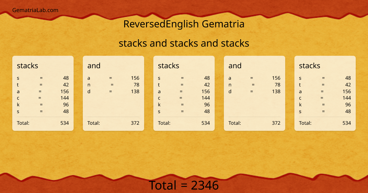 stacks and stacks and stacks in reversedEnglish Gematria